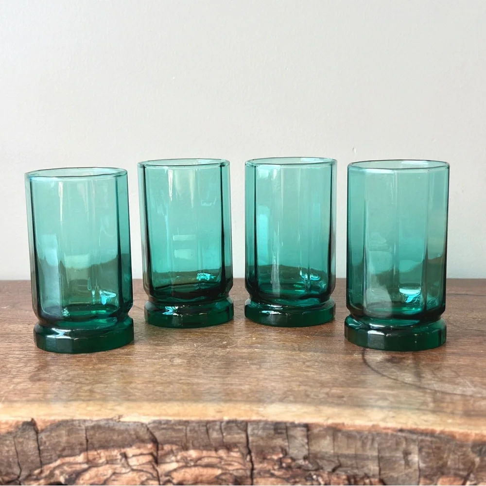 Anchor Hocking Essex Sea Glass Green Glasses Set of 4 Hexagon Tumblers Cups MCM